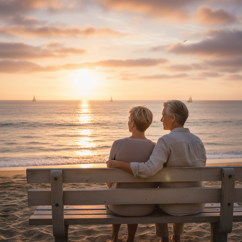 A caregiver and cancer survivor find peace on an Orange County beach at sunset, symbolizing hope after treatment.
