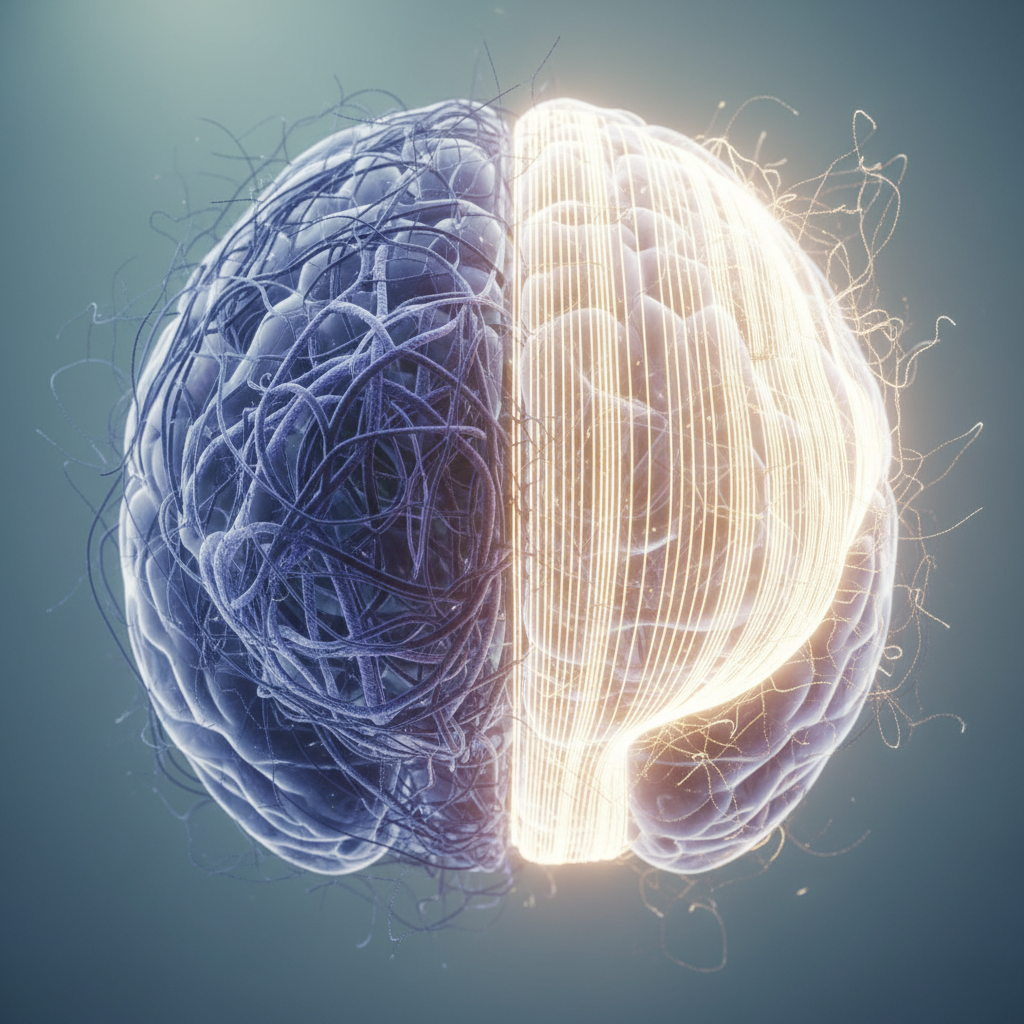 An illustration of the brain's pathways, showing how coping strategies can help organize anxious thoughts into a calmer state.