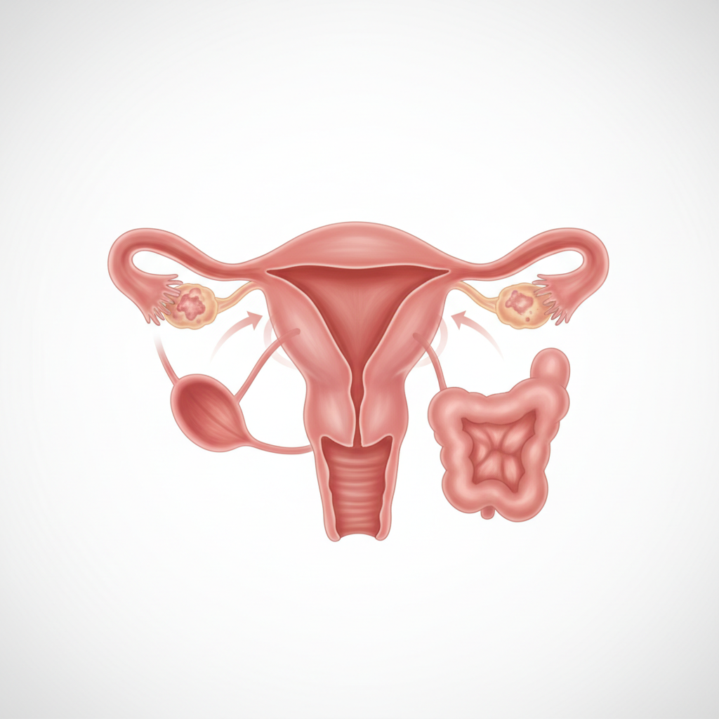 Anatomical illustration showing how an ovarian tumor can press on the bladder and bowel, causing common symptoms.