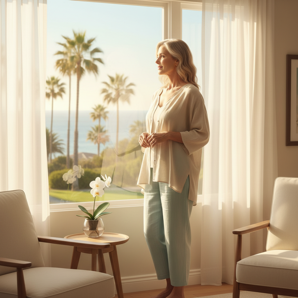 A thoughtful woman looking out a window, representing awareness of ovarian cancer symptoms.