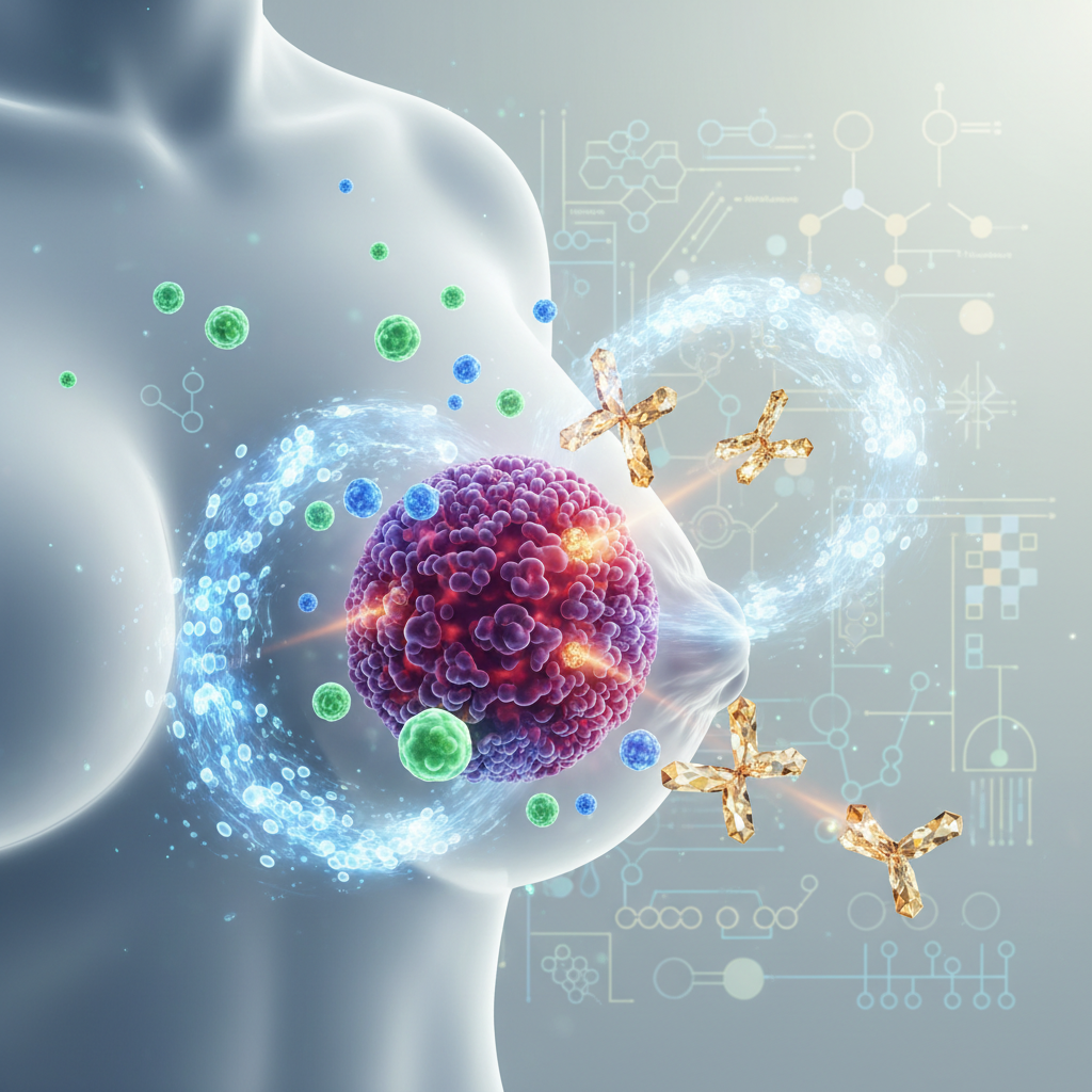 Illustration of breast cancer cells being targeted by innovative therapies.