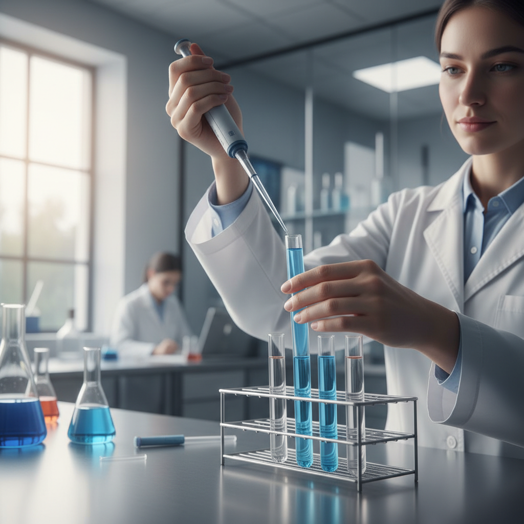 Scientist in a lab, carefully pipetting liquid into a test tube during medical research.