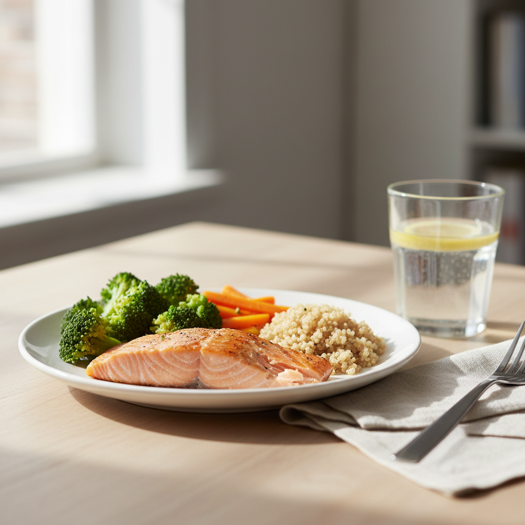 A balanced meal for a cancer patient, with lean protein, vegetables, and whole grains.