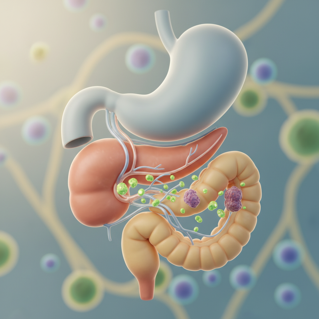 Medical illustration depicting the pancreas and its role in digestion, showing enzymes at work.