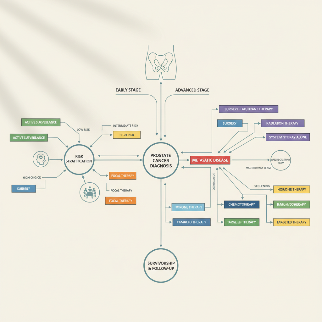 Infographic showing a personalized prostate cancer treatment pathway, illustrating diagnostic steps leading to various treatment choices like surgery, radiation, or active surveillance.