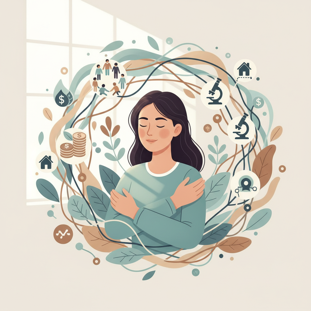 An illustration of a web of interconnected support services surrounding a caregiver, representing comprehensive resources for lung cancer caregivers.