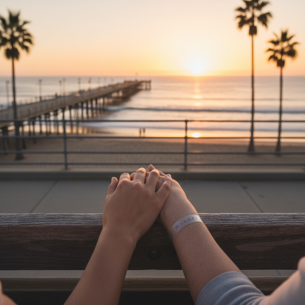 A caregiver gently holds the hand of a loved one, symbolizing support amidst the challenges of lung cancer care, with the Huntington Beach pier in the background.