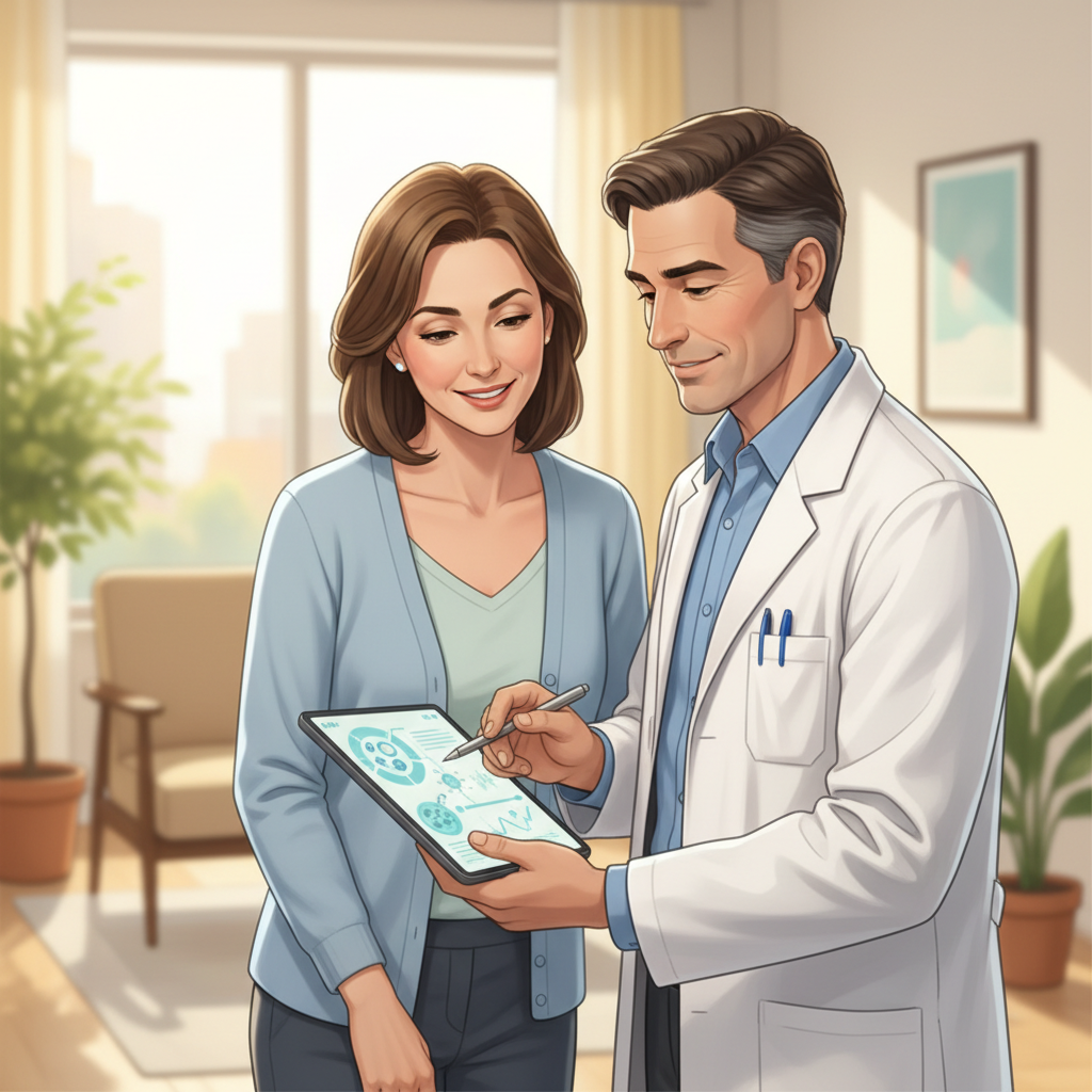 Patient and doctor reviewing medical information on a screen, symbolizing a second opinion consultation.