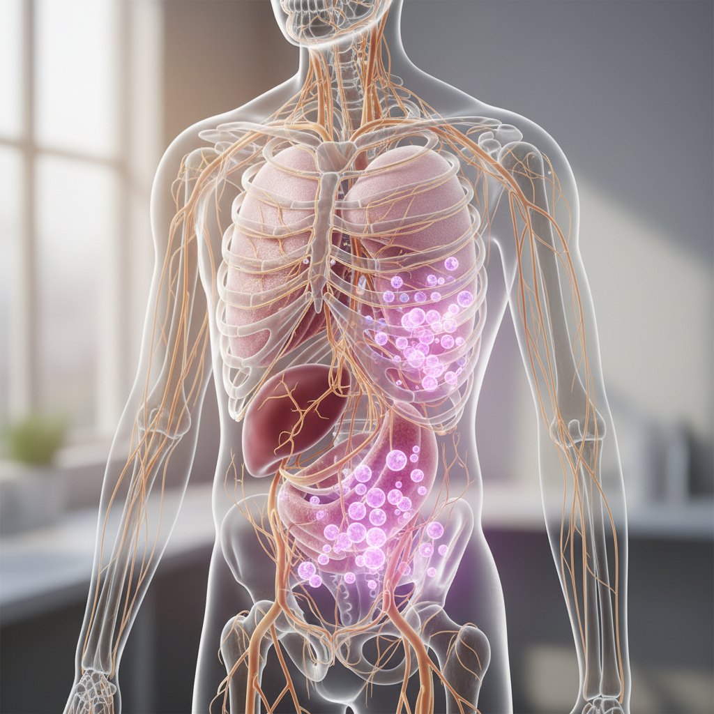 An anatomical illustration of the lymphatic system, highlighting lymph nodes and vessels where lymphoma cells might be present.
