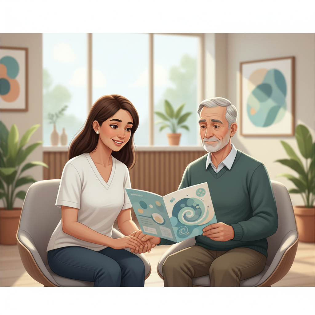 A caregiver and patient hold hands while looking at a brochure, symbolizing support during lymphoma treatment.
