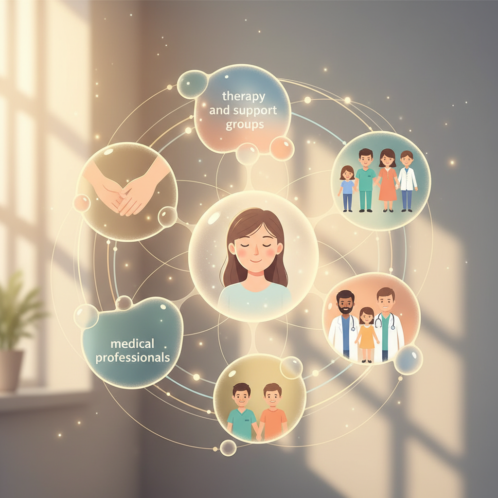 An illustration showing a network of support surrounding a person, with connections to therapy, family, and medical care, symbolizing comprehensive mental health support for cancer patients.
