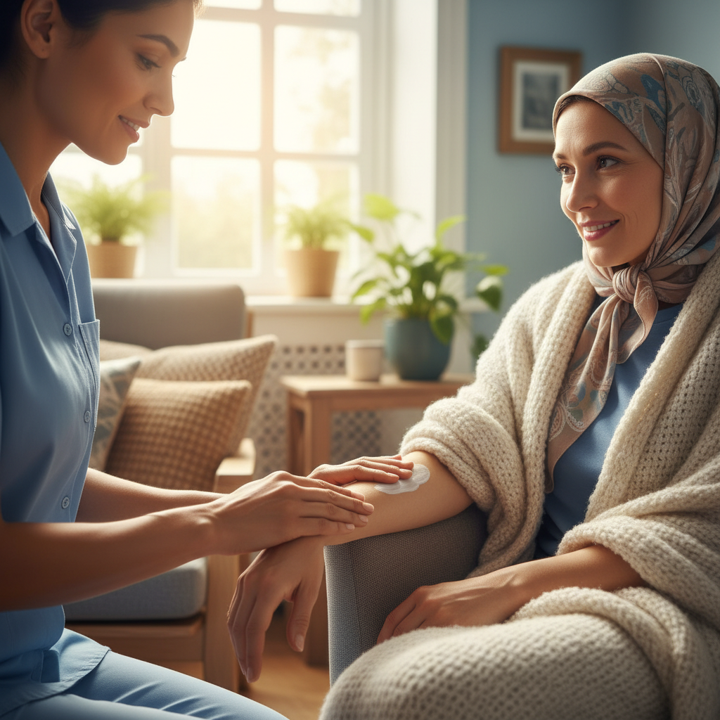 A caregiver gently applying a soothing lotion to a cancer patient's arm, illustrating supportive care during radiation therapy.