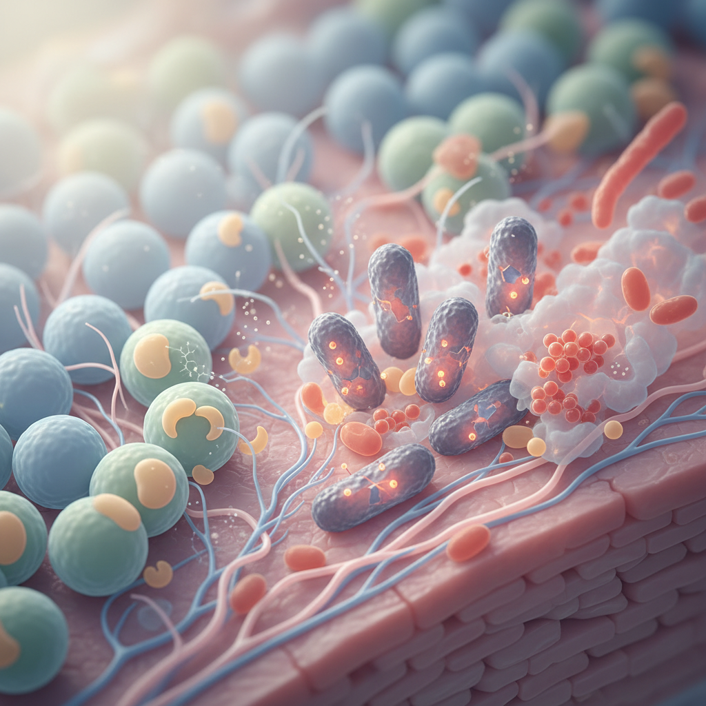 Microscopic view illustrating how radiation therapy affects both cancerous and healthy cells, showing the cellular damage and subsequent healing process in surrounding tissues.