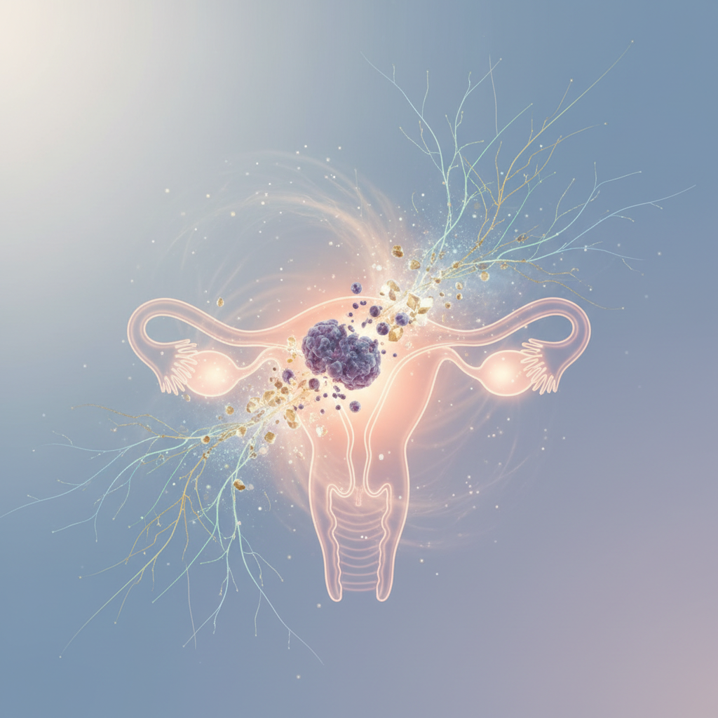 Conceptual illustration showing the female reproductive system and personalized ovarian cancer treatment pathways.