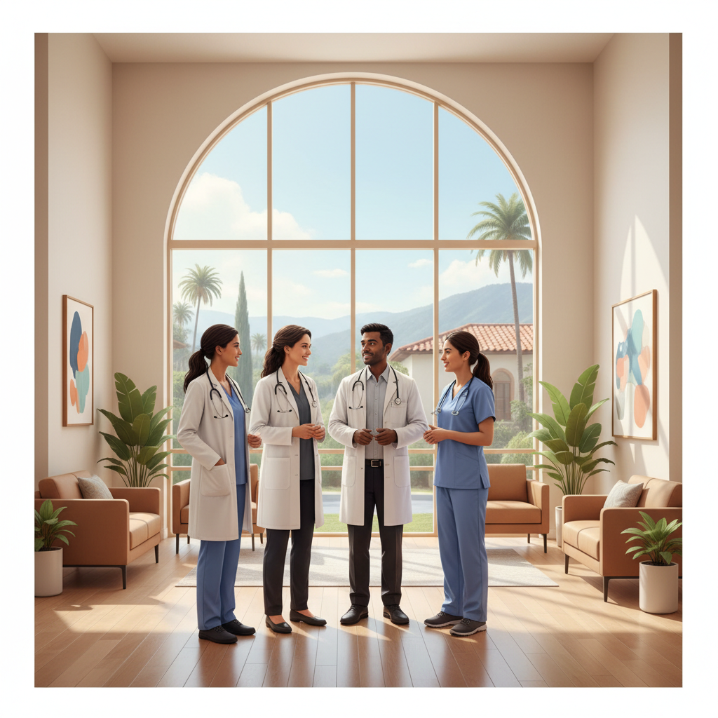 A compassionate team of ovarian cancer specialists collaborating in a modern Irvine medical center.
