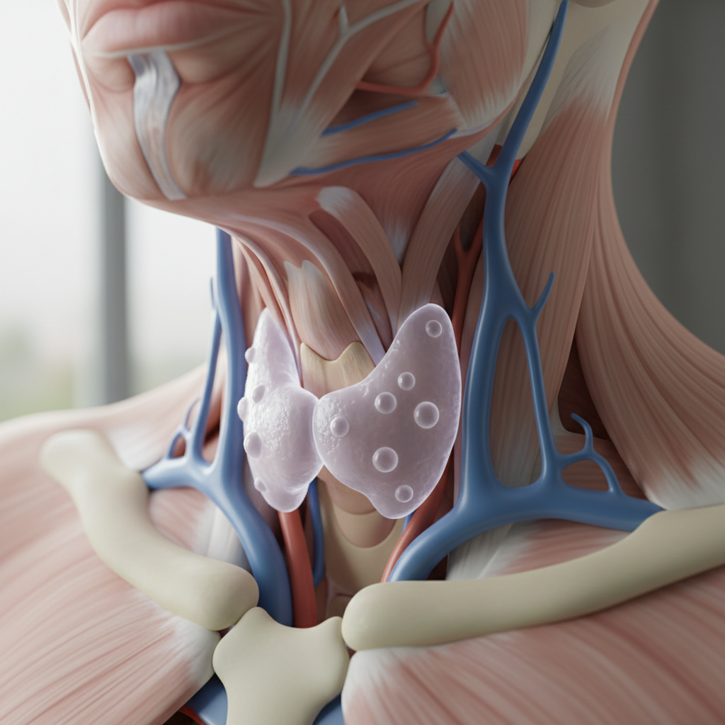 Medical illustration of a thyroid gland located at the base of the neck, showing a small nodule on its surface.