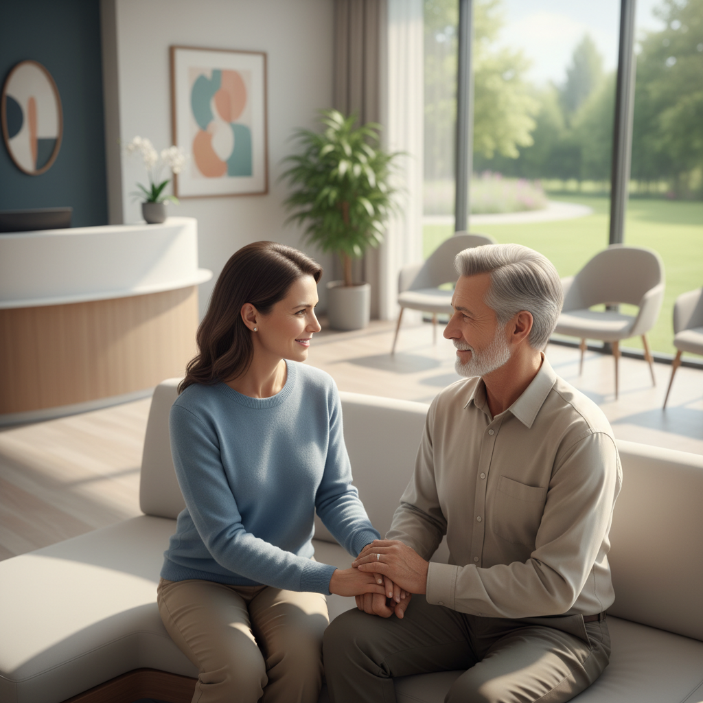 A caregiver gently holding the hand of a loved one in a calming medical setting, symbolizing support during a health journey.