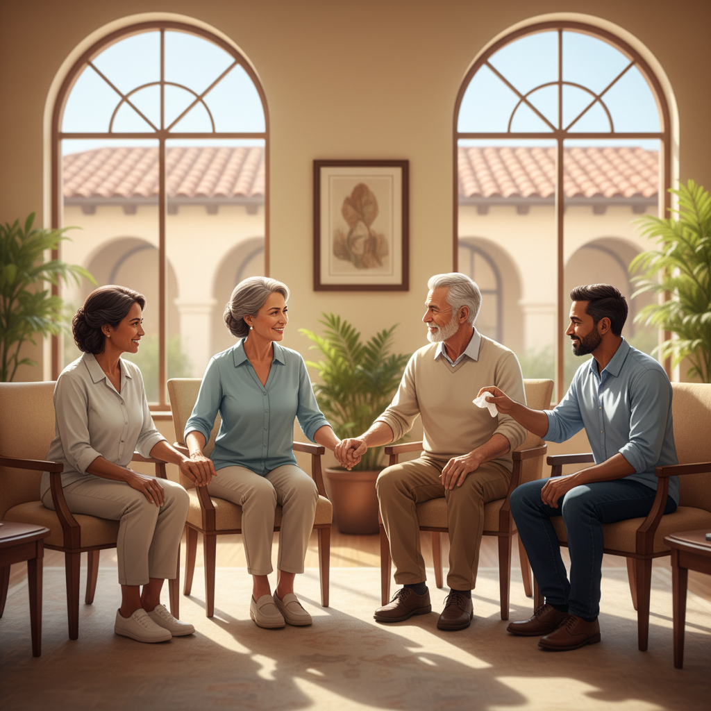 Supportive cancer caregivers sharing experiences in a warm, connected setting.