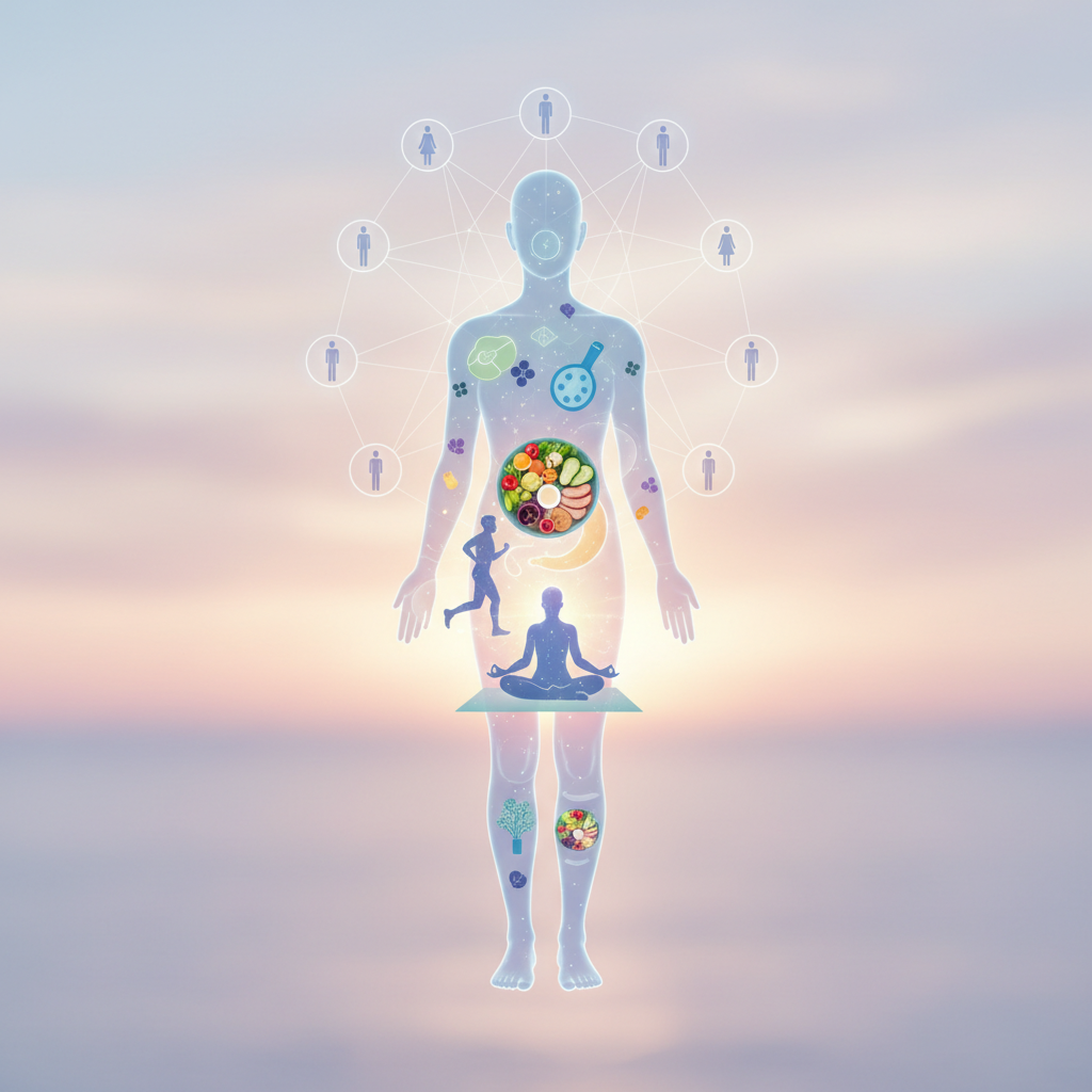 Diagram illustrating holistic self-care components surrounding a person, symbolizing caregiver well-being.