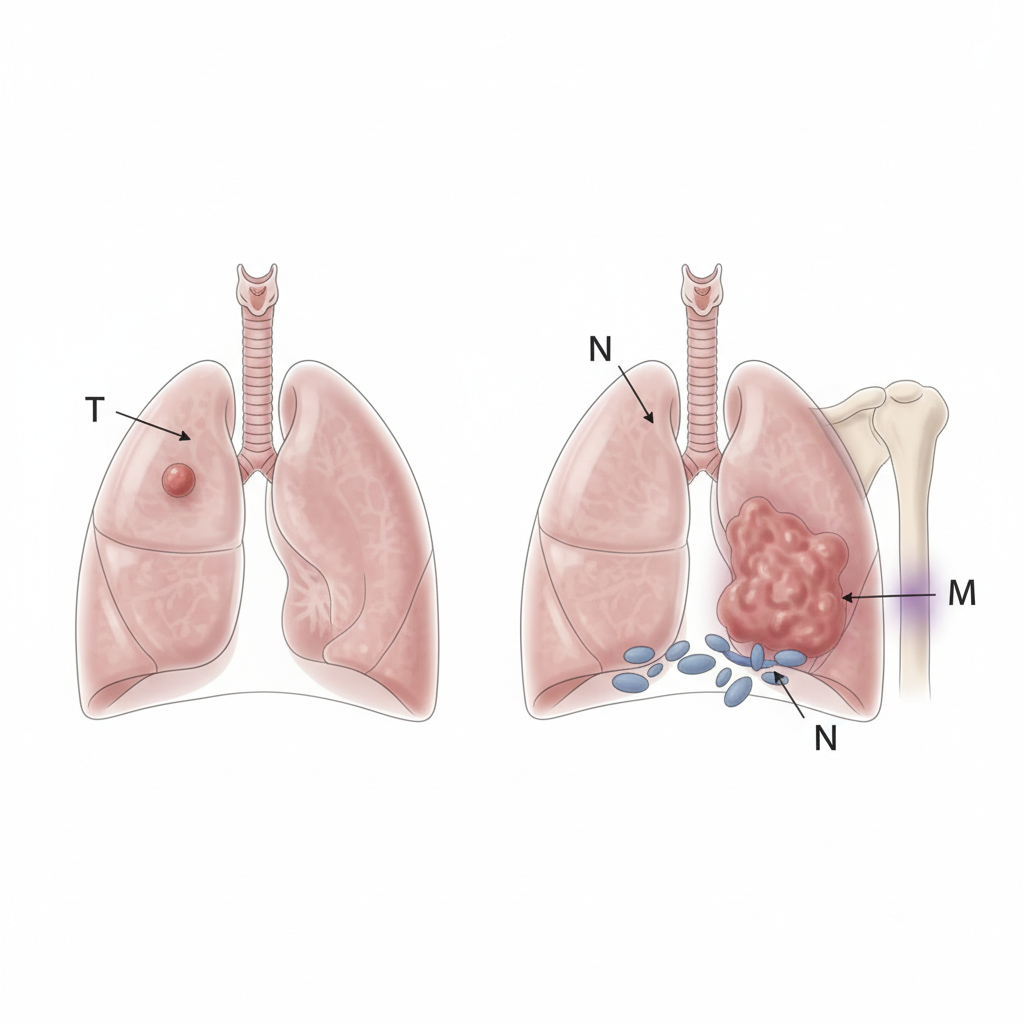 Medical illustration depicting the difference between early and advanced non-small cell lung cancer, with labels for TNM staging components (Tumor, Node, Metastasis).