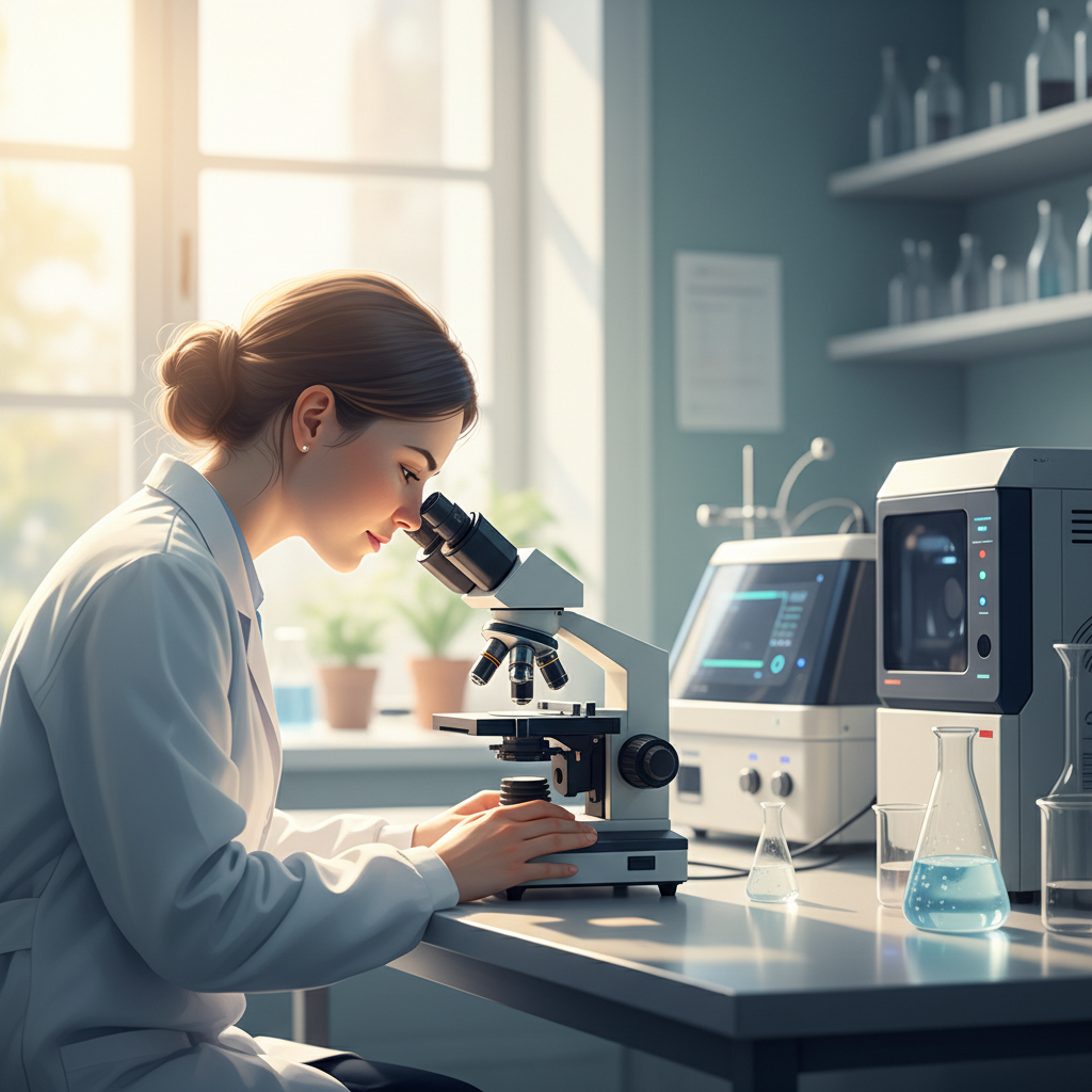 A clinical researcher observing samples under a microscope, symbolizing the ongoing search for new treatments for pancreatic cancer.