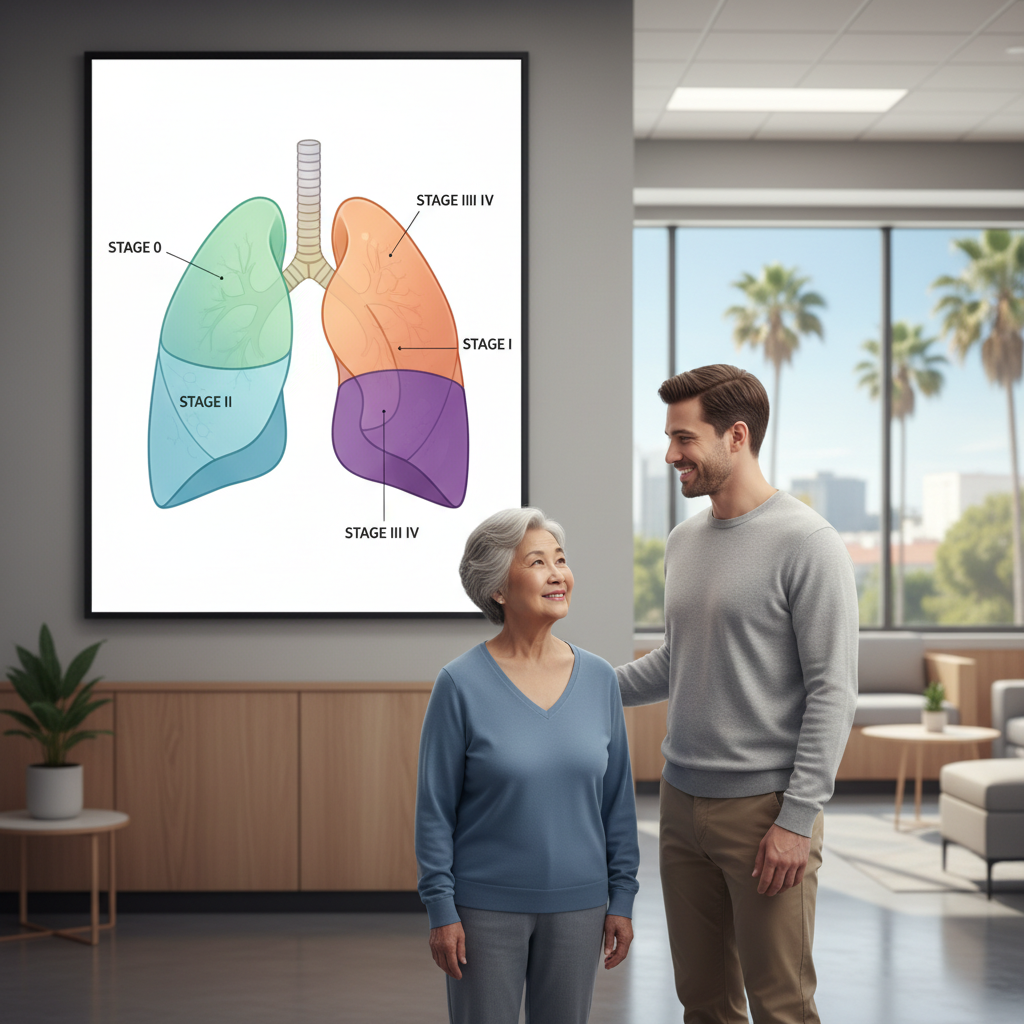 A caregiver and patient discussing lung cancer stages with a doctor's chart in a Santa Ana clinic, showing different colored areas representing cancer progression.