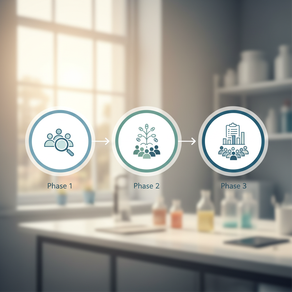 Infographic illustrating the sequential phases of clinical trials: Phase 1 (safety), Phase 2 (efficacy), and Phase 3 (comparison with standard treatment).