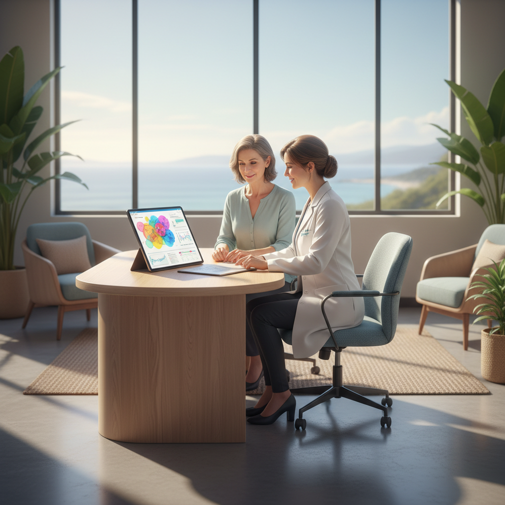 Patient and doctor reviewing a personalized cancer treatment plan in a modern, calming Newport Beach clinic setting.
