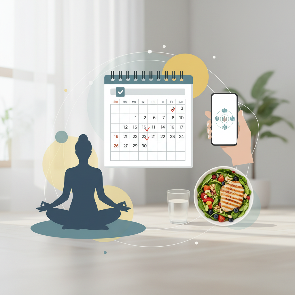 An illustration depicting different facets of caregiver support, including scheduling, communication, nutrition, and self-care.