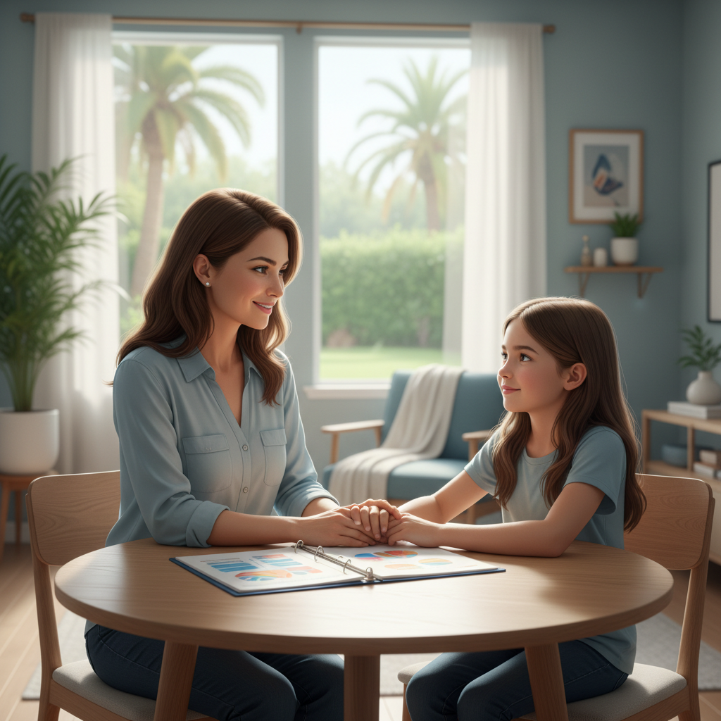 A caregiver gently supporting a loved one, both looking at a tablet, symbolizing shared understanding and support for leukemia patients in Tustin.