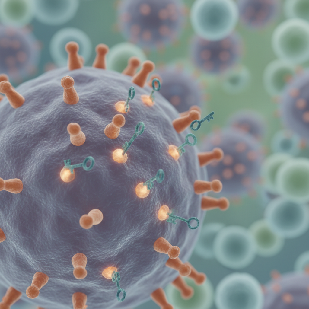 Illustration showing targeted therapy molecules precisely binding to specific receptors on a cancer cell, like a key in a lock.