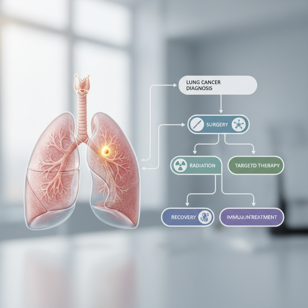 Medical illustration depicting lung cancer within a lung organ, with arrows pointing to different specialized treatment options, symbolizing a comprehensive approach.