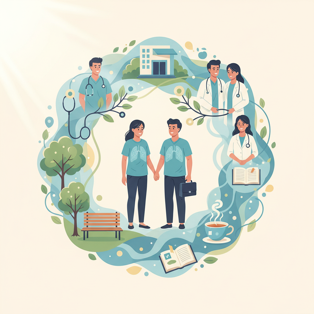 An illustration showing a support network surrounding a lung cancer patient and caregiver, symbolizing comprehensive care and community resources.