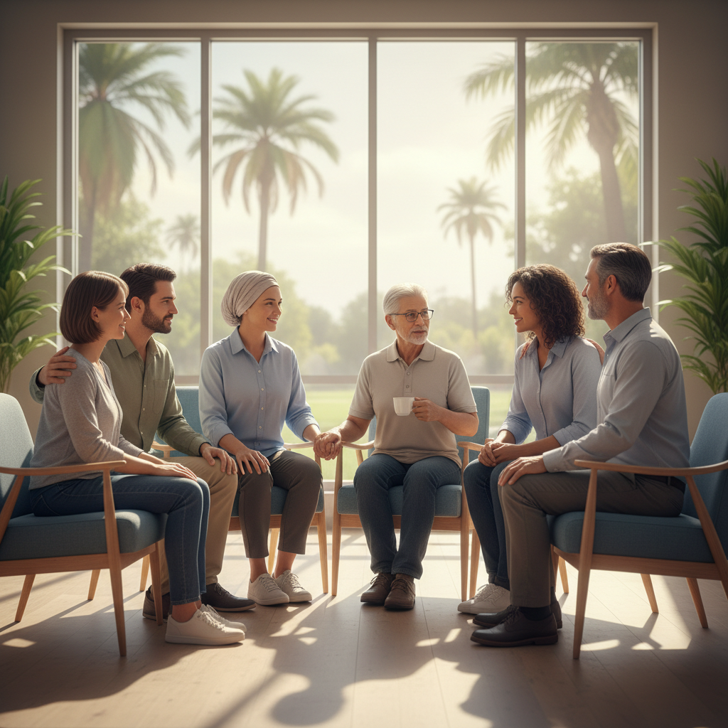 A diverse group of caregivers and lung cancer patients sharing support in a warm, inviting community setting.