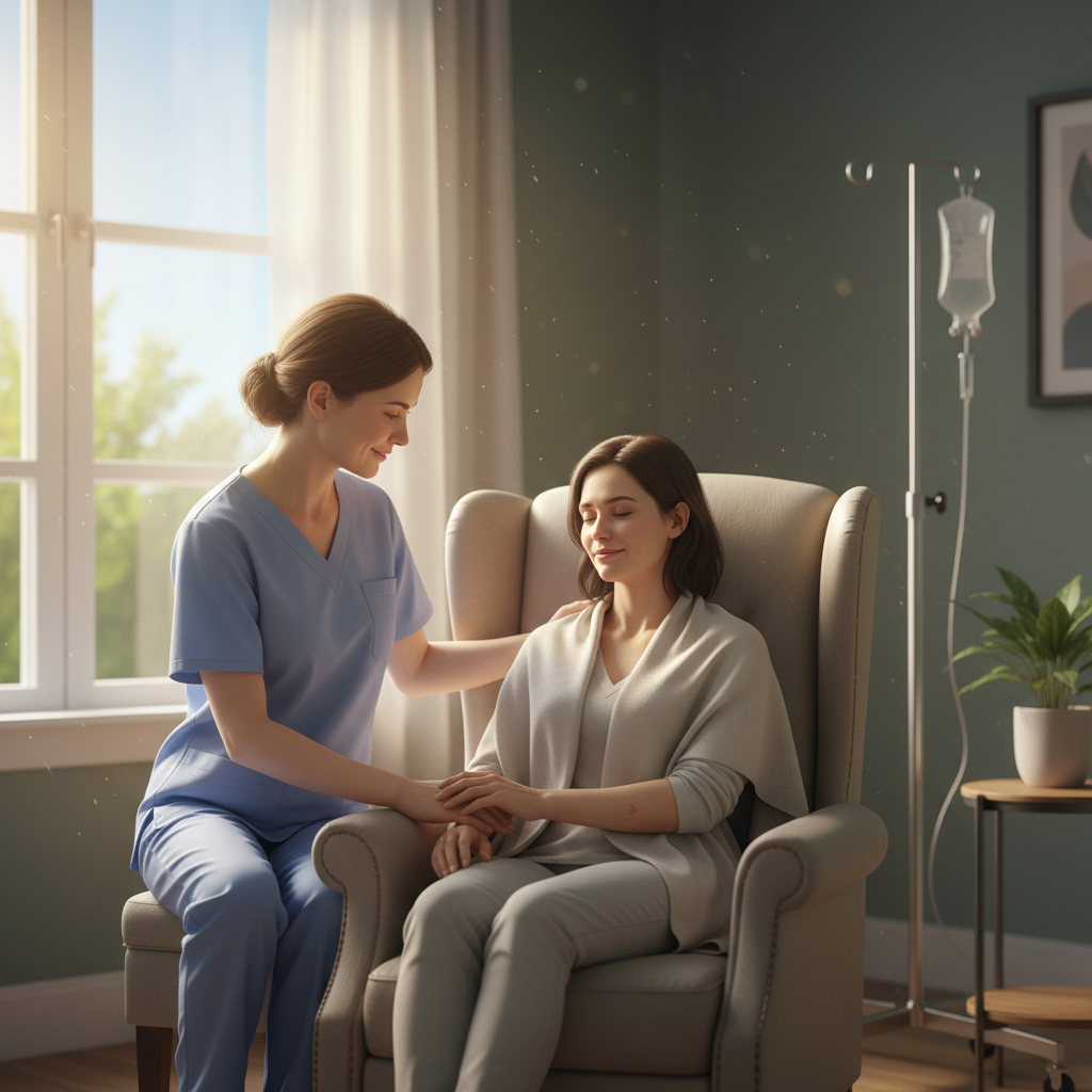 A caregiver helping a melanoma patient sit down, symbolizing support in managing fatigue.