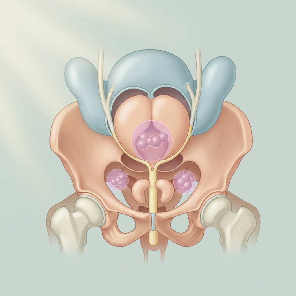 Detailed anatomical illustration of the male prostate gland showing potential locations of prostate cancer cells.