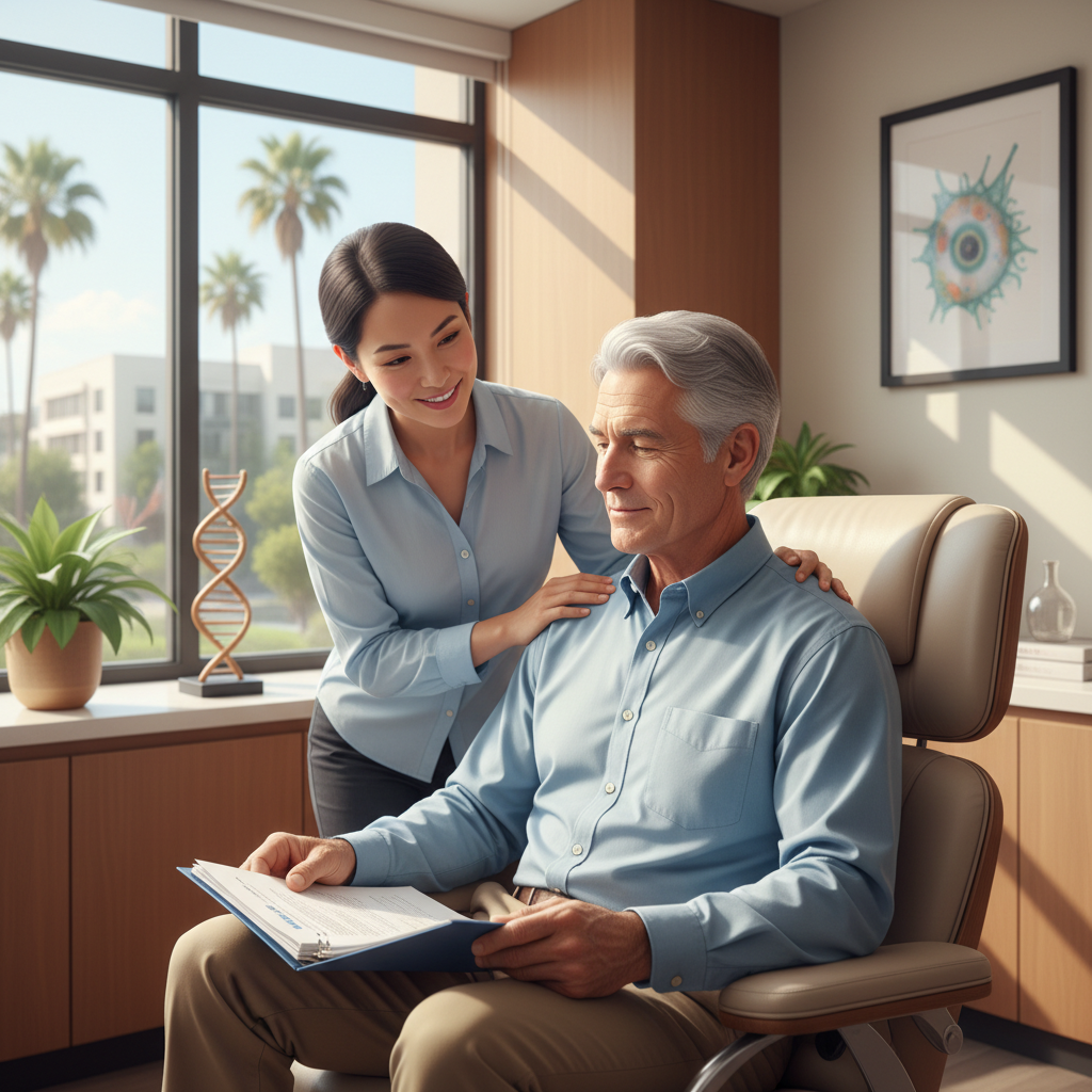 Man reviewing prostate cancer diagnosis documents with a supportive family member, seeking a second opinion in a modern Irvine clinic.