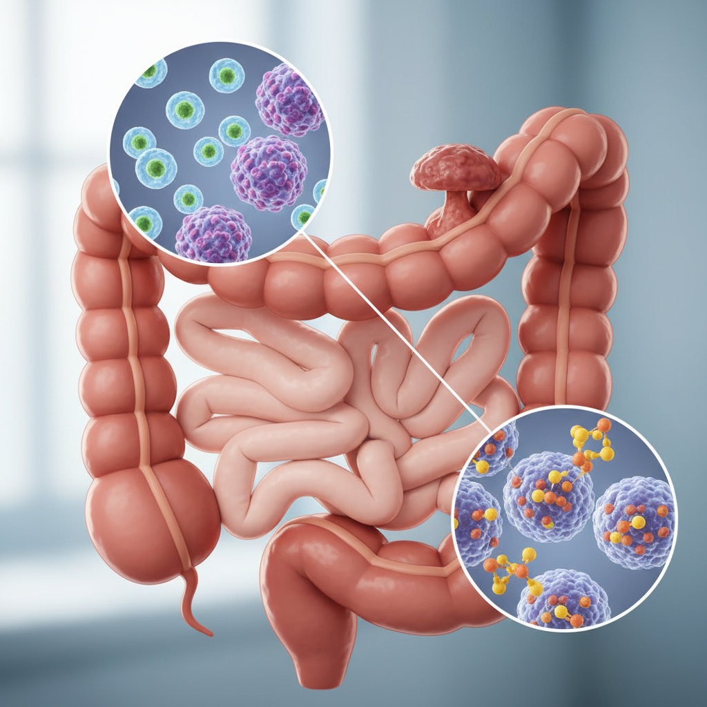 Detailed illustration of colorectal cancer at a cellular level, showing the colon wall, a tumor, and immune cell interactions.