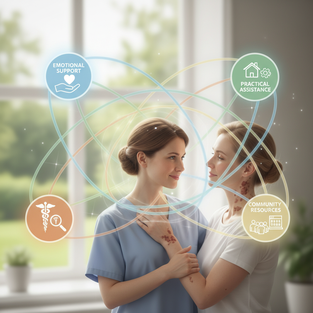 An illustration depicting the interconnected network of support elements available to melanoma caregivers, showing emotional, practical, and medical resources.