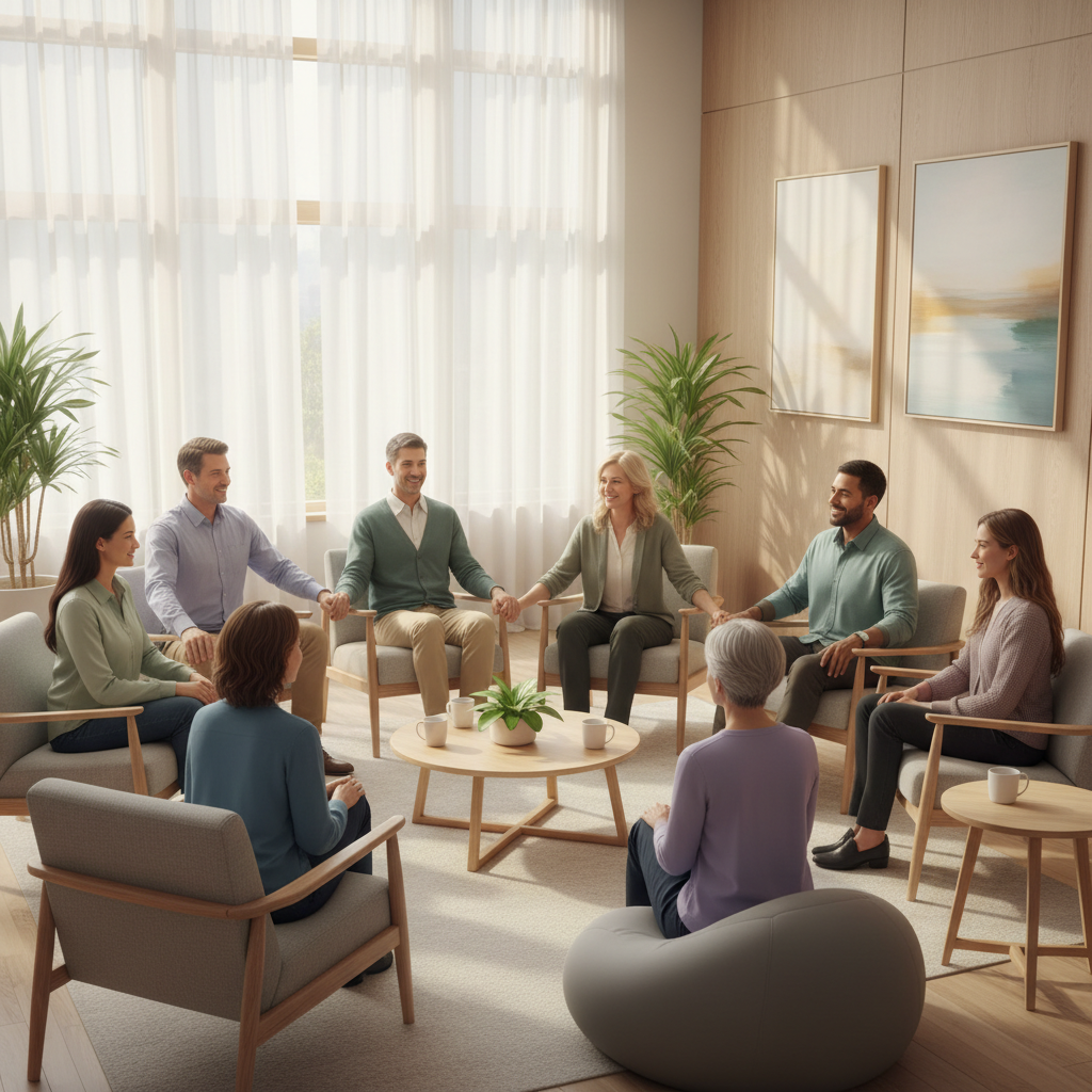 A diverse group of caregivers participating in a support group session, offering comfort and understanding to one another.