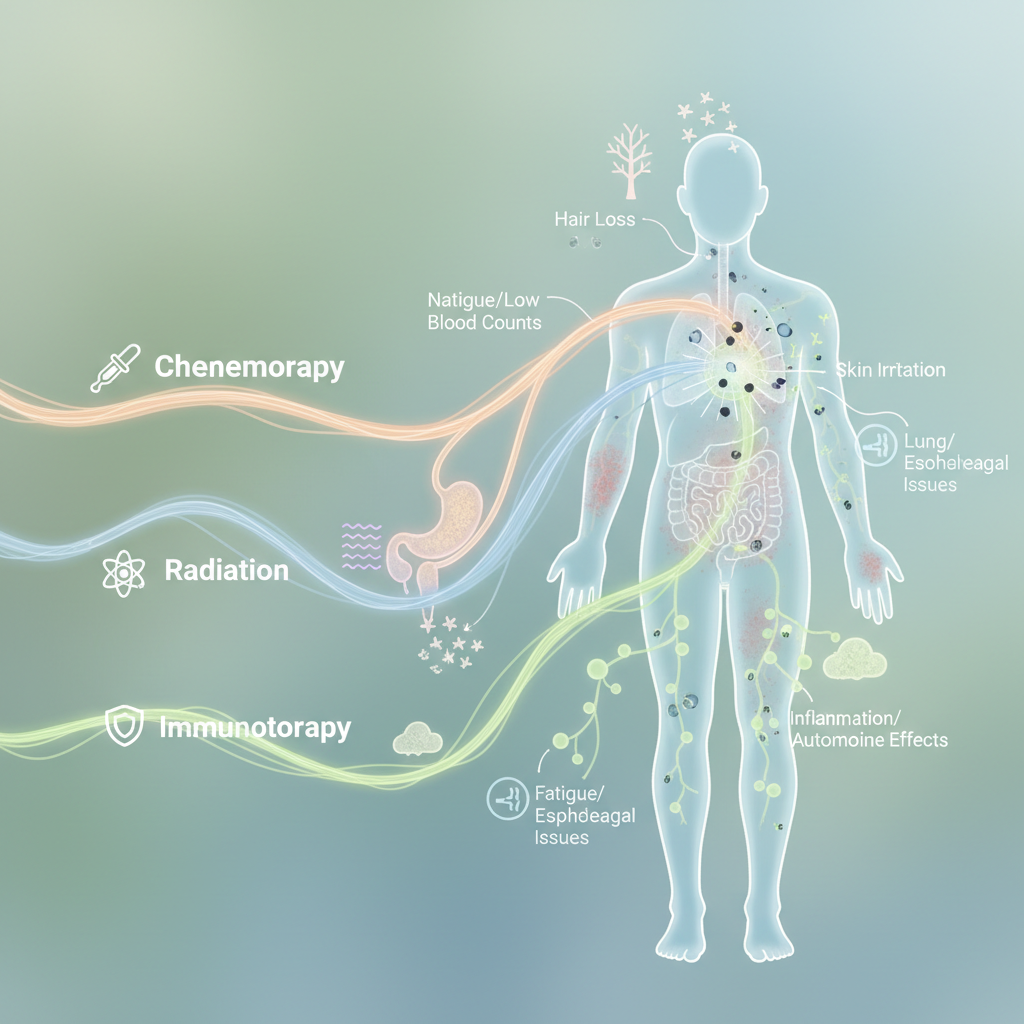 Diagram showing how different lymphoma treatments can affect various parts of the body, leading to common side effects.