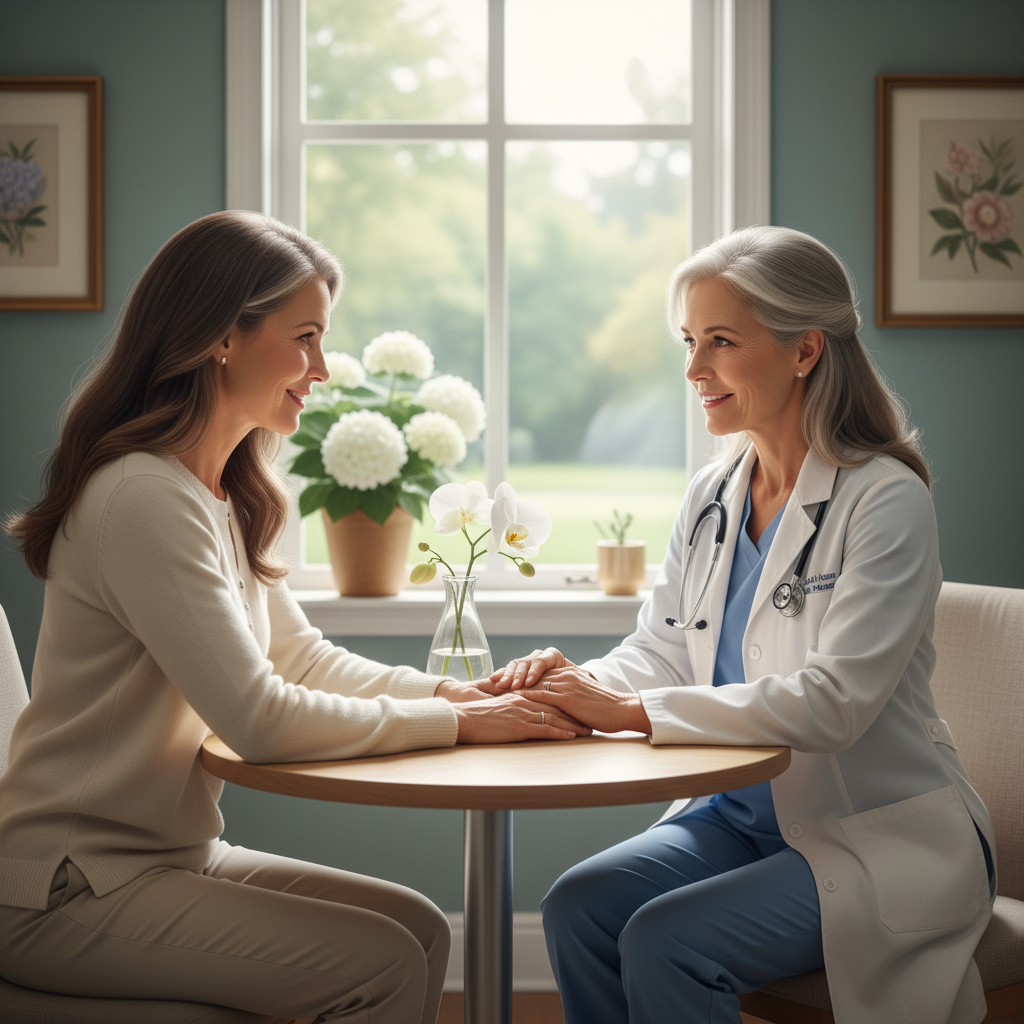 A compassionate healthcare professional speaking with a pancreatic cancer patient and family member, embodying comfort and support.