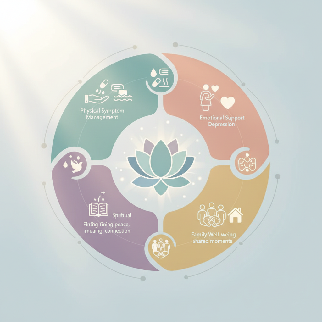 An infographic illustrating the comprehensive, interconnected components of palliative care for pancreatic cancer, including physical, emotional, and spiritual support.