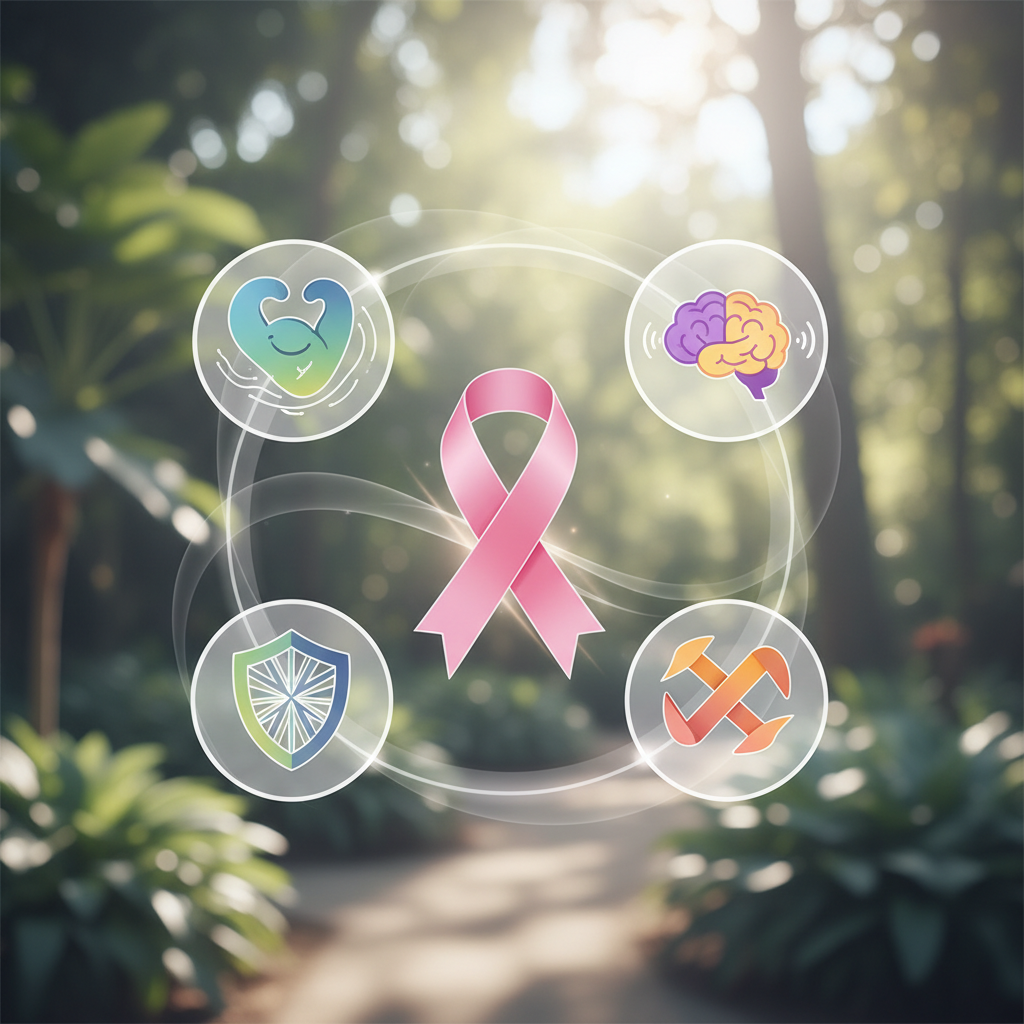 Illustrated infographic showing the benefits of exercise for breast cancer survivors, including improved mood, stronger body, and better sleep.