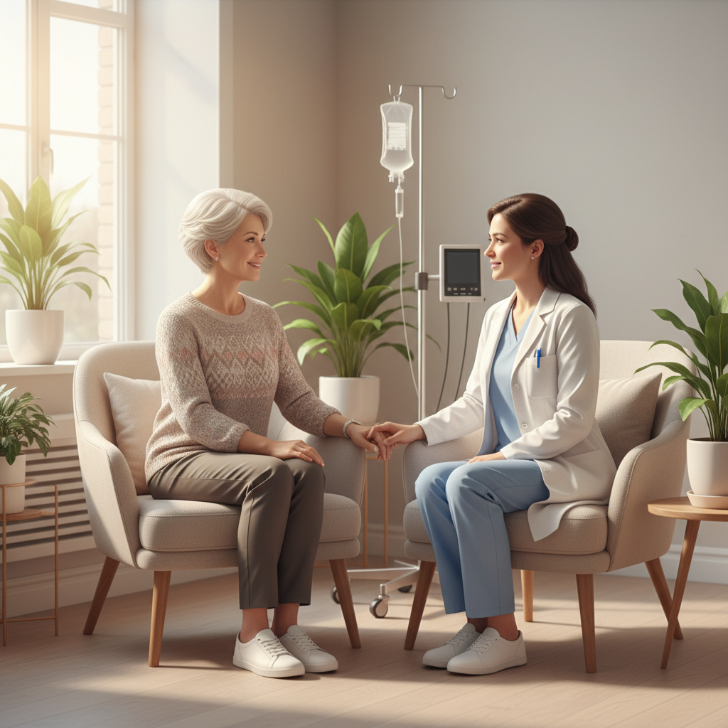 A patient discussing treatment and side effect management with a healthcare provider in a comfortable clinic setting.