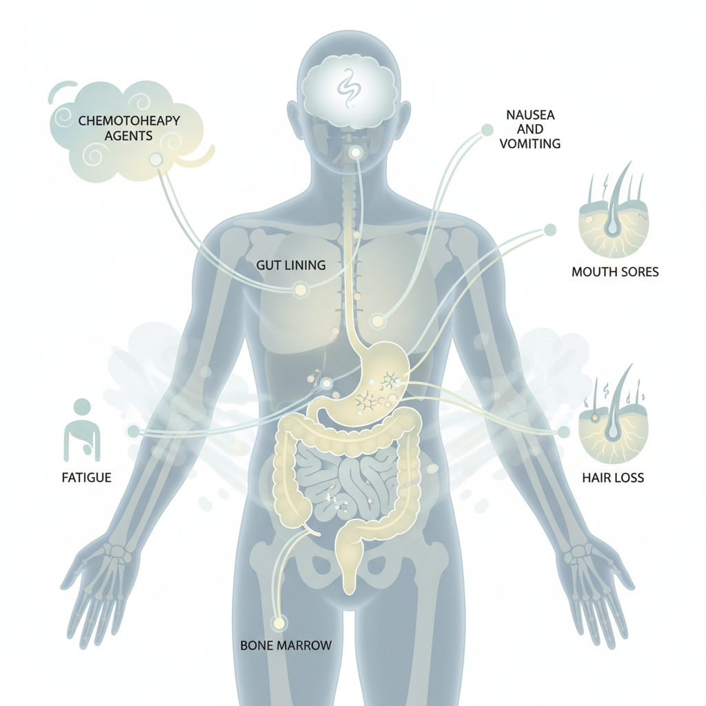 Diagram illustrating the biological mechanisms behind common chemotherapy side effects like nausea, fatigue, and hair loss, showing how chemo affects rapidly dividing cells.