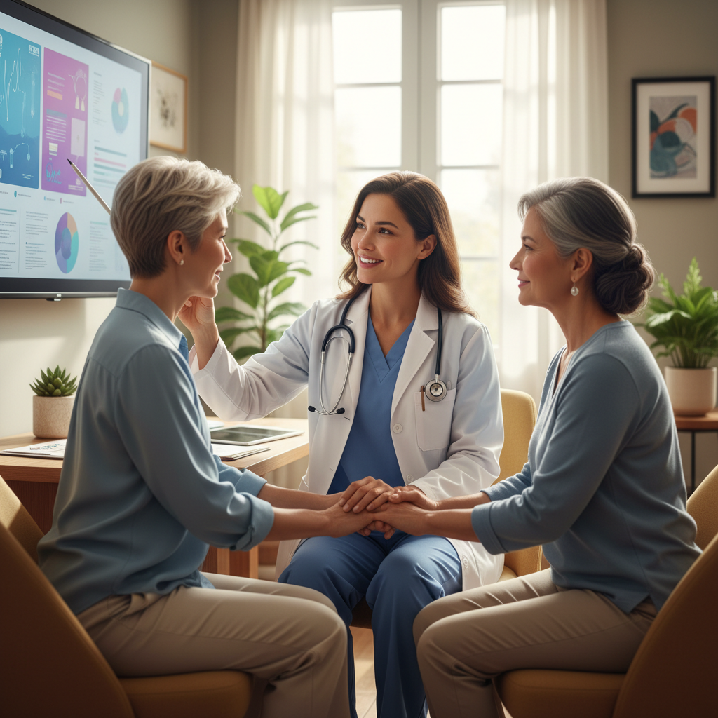A kind female doctor in a consultation room, reviewing medical charts with a female patient and her family member, offering reassurance and information.