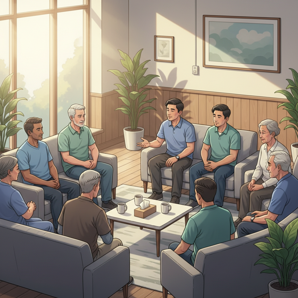 Men and their caregivers engaged in a supportive group discussion, symbolizing prostate cancer support in Fullerton, CA.