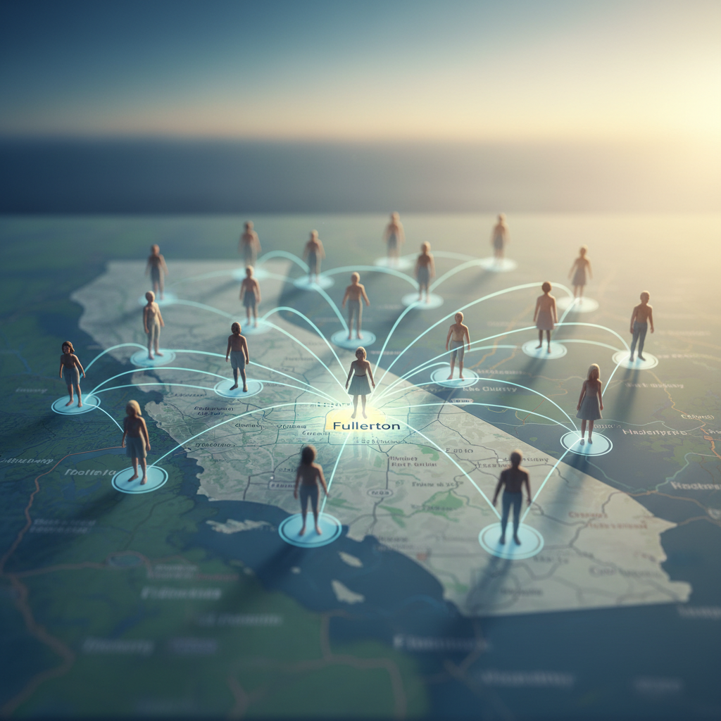 Stylized network of people connected by glowing lines, symbolizing a strong prostate cancer support system in Orange County, with Fullerton highlighted.