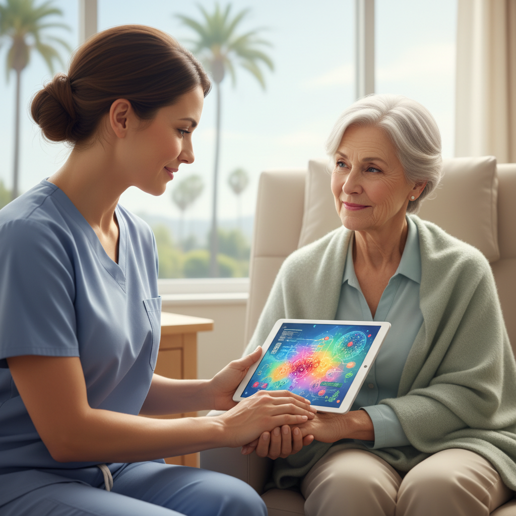A caregiver and patient reviewing information about melanoma clinical trials on a tablet.
